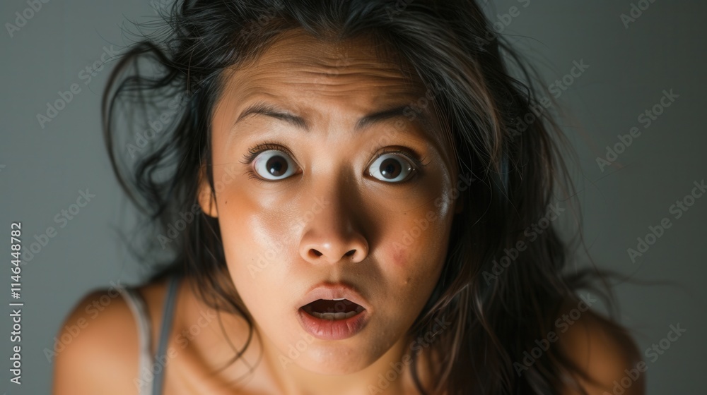 Woman expresses shock and surprise with wide eyes and an open mouth, showcasing a strong emotional reaction in a dramatic lighting setup Woman expresses shock and surprise with wide eyes and an open mouth, showcasing a strong emotional reaction in a dramatic lighting setup