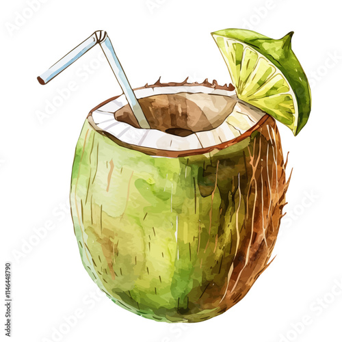 A watercolor drawing of a refreshing coconut drink with a straw, isolated on a white background. Coconut drink straw vector.
