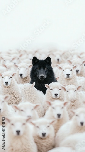 Black wolf stands out among a flock of white sheep in a foggy pasture landscape during early morning light photo