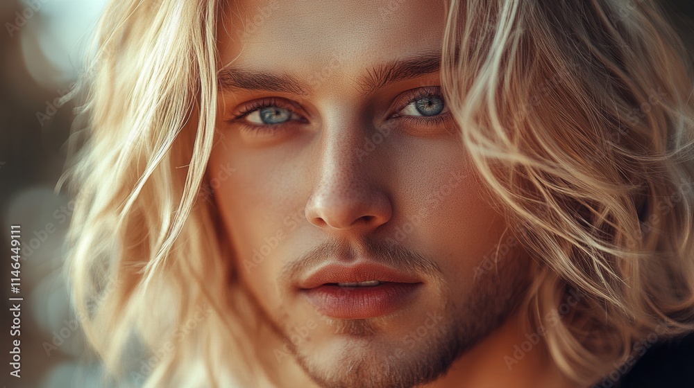 Young man with long blonde hair and captivating blue eyes gazes intently while enjoying a moment outdoors during the golden hour Young man with long blonde hair and captivating blue eyes gazes intently while enjoying a moment outdoors during the golden hour