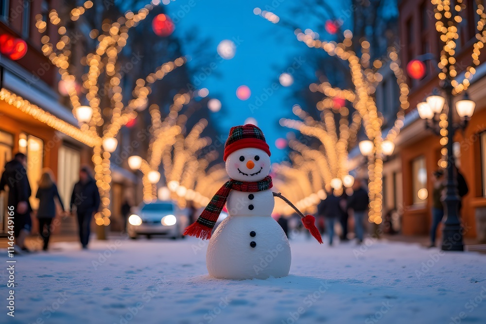 Obraz premium Festive Snowman with Plaid Scarf on Christmas-Lit Street with Walking People