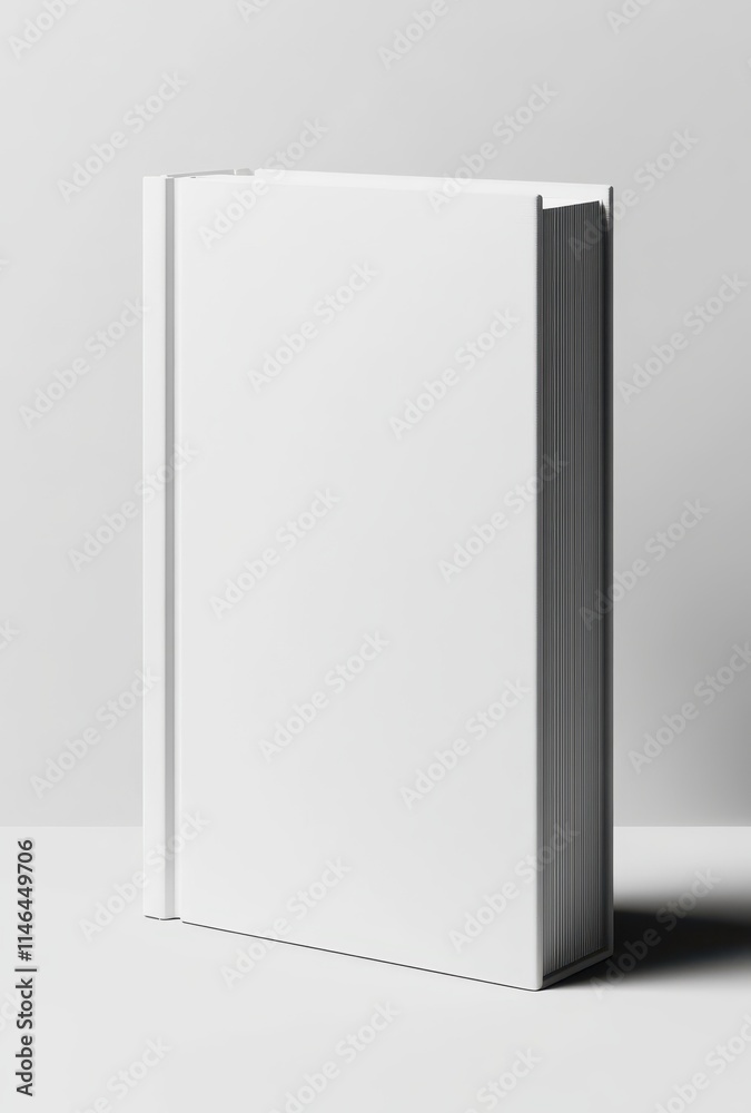 Blank white book mockup stands upright against a minimalist backdrop