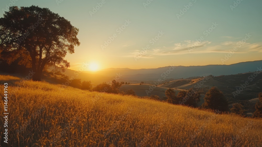 Breathtaking sunset over rolling hills with golden fields and distant mountains Breathtaking sunset over rolling hills with golden fields and distant mountains