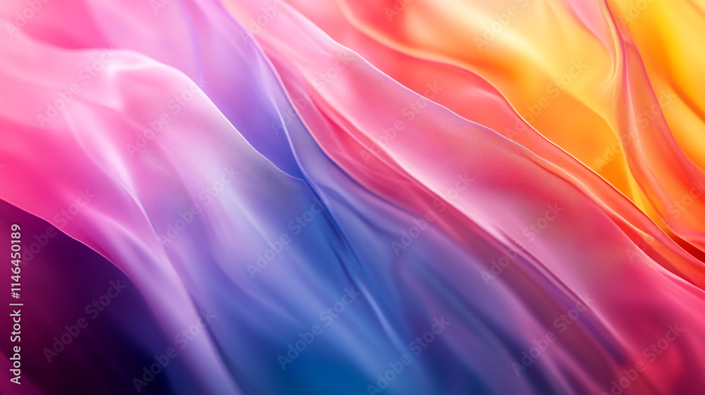 Colorful silk fabric flowing gracefully in vibrant waves of purple, pink, and orange. 