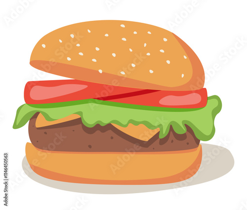 Big burger with meet, melting cheese and lettuce between buns. Hamburger, American fast food.