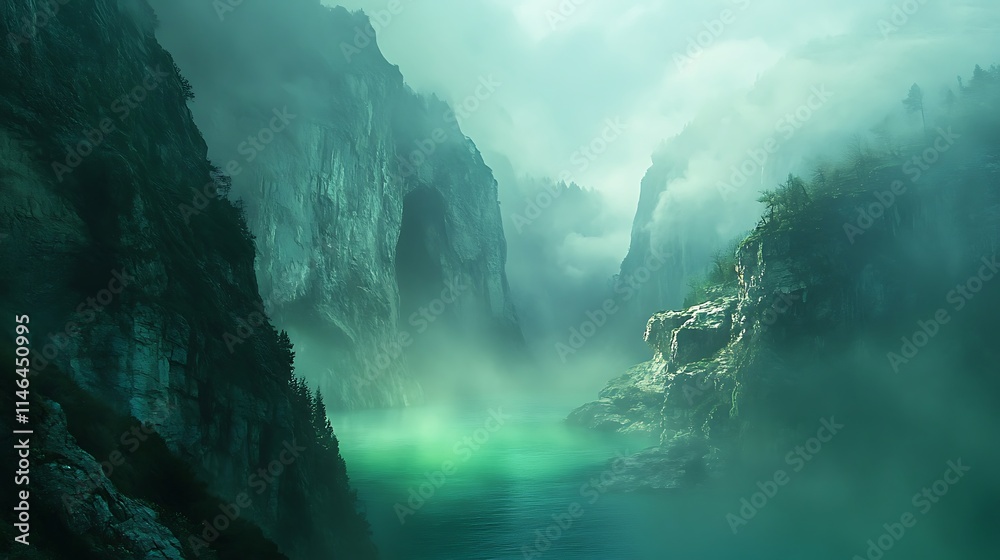 Misty mountain lake shrouded in fog, dramatic cliffs, serene water. Misty mountain lake shrouded in fog, dramatic cliffs, serene water.