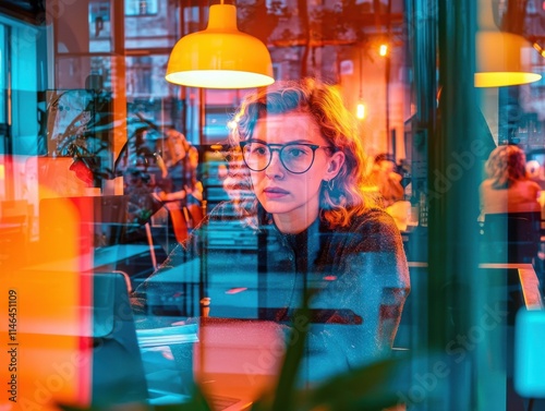 A focused individual working in a vibrant cafe setting. photo