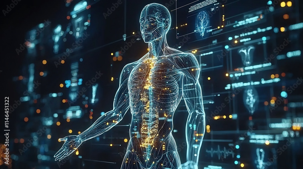 Highly detailed and interactive digital showcasing the intricate anatomy and internal systems of the human body with glowing elements and futuristic design Highly detailed and interactive digital showcasing the intricate anatomy and internal systems of the human body with glowing elements and futuristic design