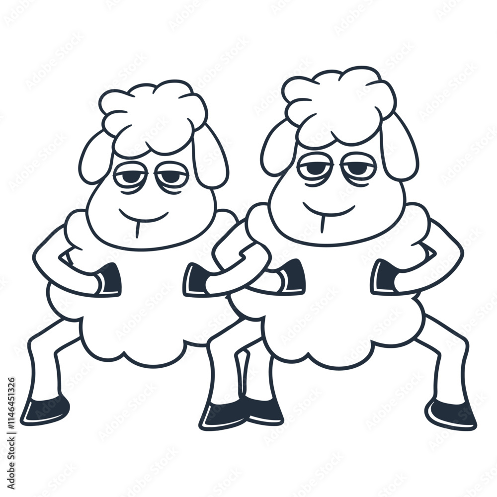Fototapeta premium 2 Sheep Looking Tired Bored Friends Team Cool Crew Design Lover Art Vector Illustration Card T-Shirt Poster Sticker Graphic Print Decorative Drawing Isolated Logo Decoration Symbol Creative Cool Style