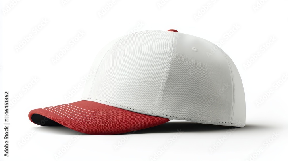 Fototapeta premium White snapback cap with red visor displayed on a plain background