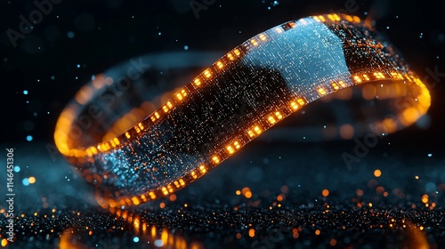 Glowing film reel loop, abstract digital cinema.