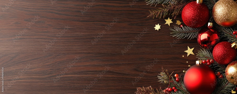 Festive holiday decorations with red and gold ornaments. Festive holiday decorations with red and gold ornaments.