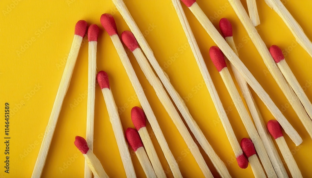 Close-Up of Red Tipped Wooden Matchsticks Arranged on a Vibrant Yellow Background Depicting Fire Safety, Combustion Concepts, Artful Minimalism, and Creative Photography Inspiration Close-Up of Red Tipped Wooden Matchsticks Arranged on a Vibrant Yellow Background Depicting Fire Safety, Combustion Concepts, Artful Minimalism, and Creative Photography Inspiration