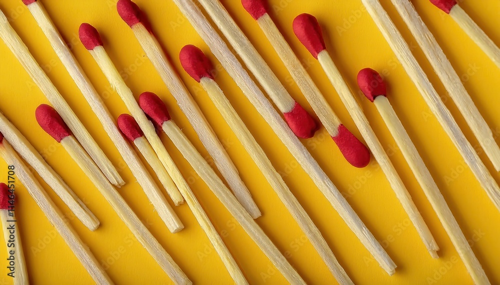 Close-Up of Red Tipped Wooden Matchsticks Arranged on a Vibrant Yellow Background Depicting Fire Safety, Combustion Concepts, Artful Minimalism, and Creative Photography Inspiration Close-Up of Red Tipped Wooden Matchsticks Arranged on a Vibrant Yellow Background Depicting Fire Safety, Combustion Concepts, Artful Minimalism, and Creative Photography Inspiration