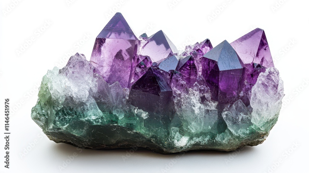 Striking purple and green gem formation captured against a blank backdrop Striking purple and green gem formation captured against a blank backdrop