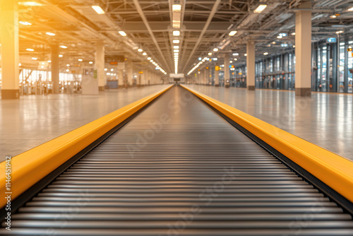 Conveyor belt airport automation system. A modern warehouse interior showcasing a long conveyor belt, illuminated by warm light, emphasizing spaciousness and industrial design.