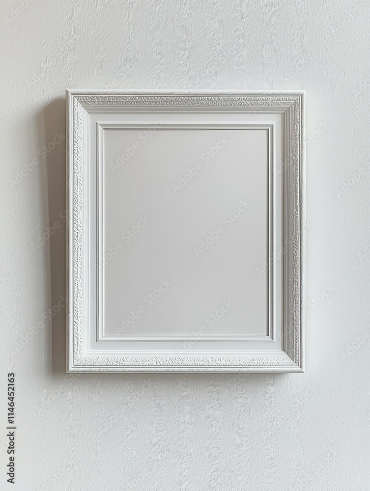 Simple and elegant white frame displayed on a plain wall for art or decor Simple and elegant white frame displayed on a plain wall for art or decor