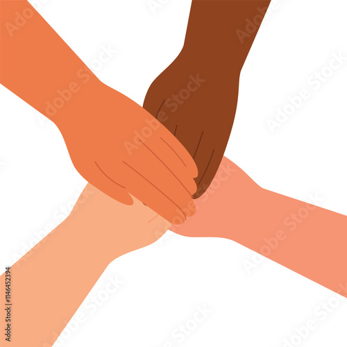 Hands stacked together, arms in circle. Teamwork, support, trust and community concept. Diverse people group.