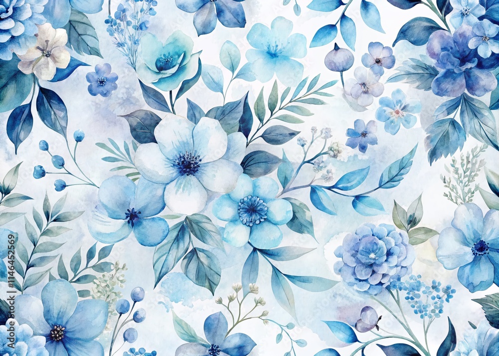 Obraz premium Blue Watercolor Floral Pattern, Minimalist Flower Texture, Abstract Floral Background, Botanical Art Print