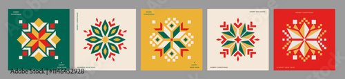 Set of modern Christmas cards in the style of geometric ornaments. Abstract Scandinavian design with festive motifs: snowflakes, Christmas tree stars, and winter elements. Ideal for Christmas decor.