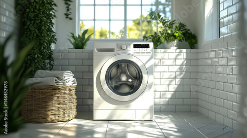 In a bright and airy space, a modern washing machine stands ready for laundry tasks, harmonizing with the lush plants and sunlight filtering through the window photo