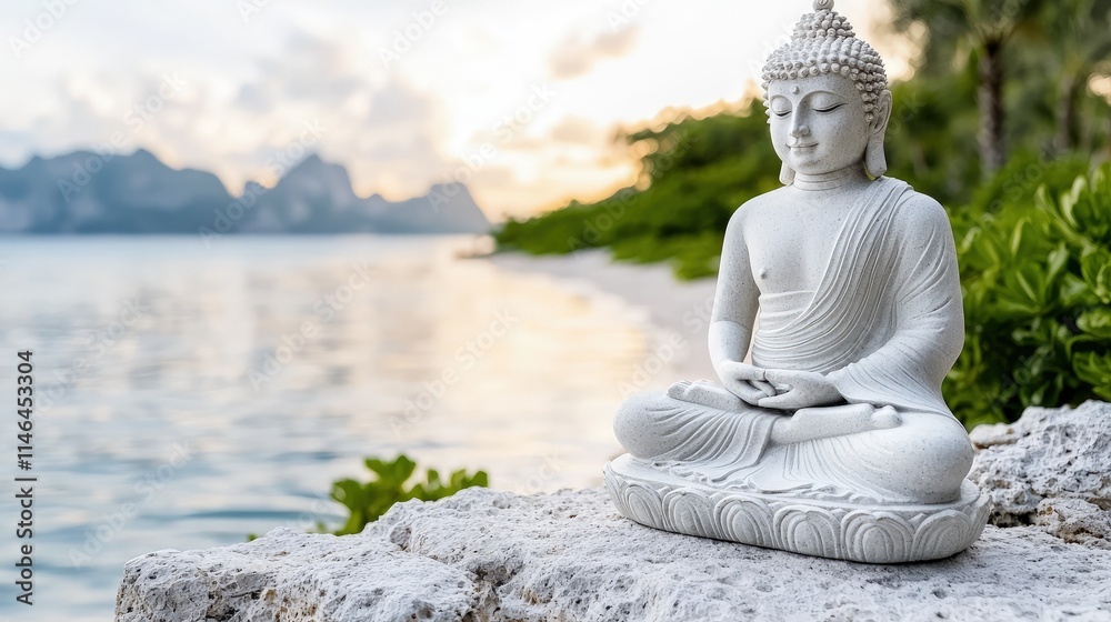 Serene Buddha statue at sunset beach. Serene Buddha statue at sunset beach.