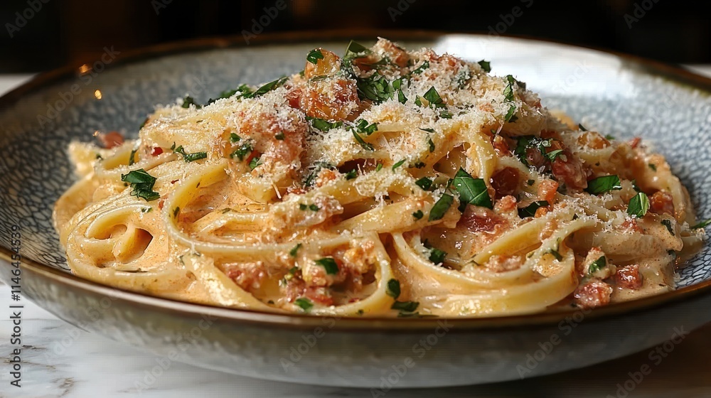 A delicious plate of creamy pasta garnished with herbs and cheese. A delicious plate of creamy pasta garnished with herbs and cheese.