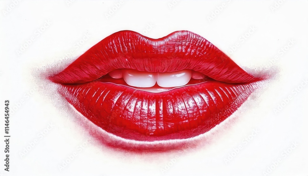 Close-up of vibrant glossy red lips with detailed texture, sharp focus on white teeth and lip lines, perfect for beauty, cosmetics, makeup promotion, sensuality, or artistic poster design Close-up of vibrant glossy red lips with detailed texture, sharp focus on white teeth and lip lines, perfect for beauty, cosmetics, makeup promotion, sensuality, or artistic poster design
