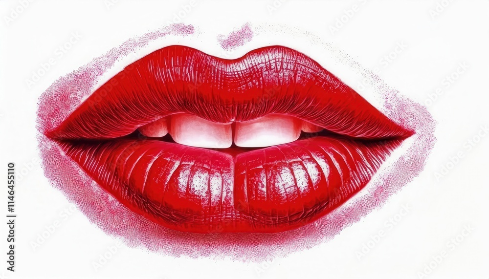 Close-up of vibrant glossy red lips with detailed texture, sharp focus on white teeth and lip lines, perfect for beauty, cosmetics, makeup promotion, sensuality, or artistic poster design Close-up of vibrant glossy red lips with detailed texture, sharp focus on white teeth and lip lines, perfect for beauty, cosmetics, makeup promotion, sensuality, or artistic poster design