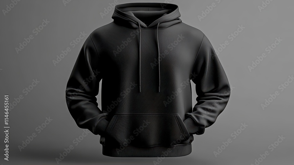 Realistic black hoodie design displayed against a minimalist gray background for casual wear Realistic black hoodie design displayed against a minimalist gray background for casual wear