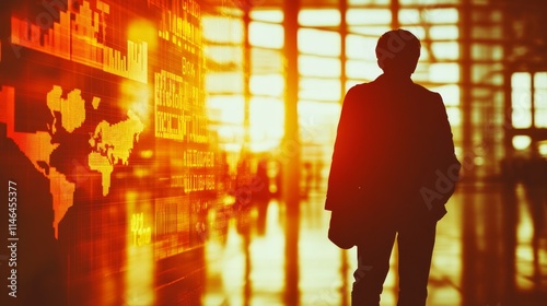 A silhouette of a person stands against a glowing sunset backdrop, reflecting an atmosphere of contemplation and ambition in a professional setting.