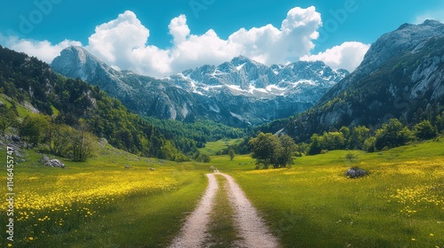 Majestic mountain landscape with vibrant fields and a winding dirt path in daylight