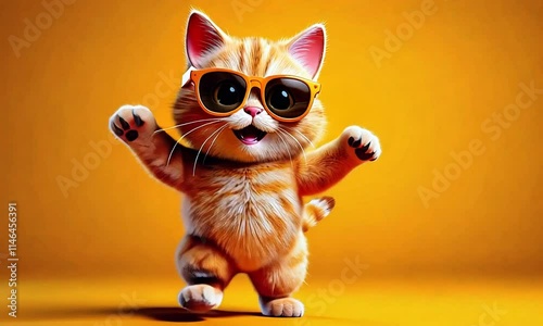 Kitty Cat Wearing Sunglasses Dancing on a Yellow Background with Space for Copy