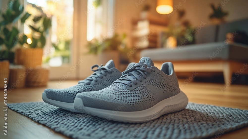 Gray running shoes on a mat indoors, ready for a workout. Gray running shoes on a mat indoors, ready for a workout.