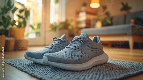 Gray running shoes on a mat indoors, ready for a workout.
