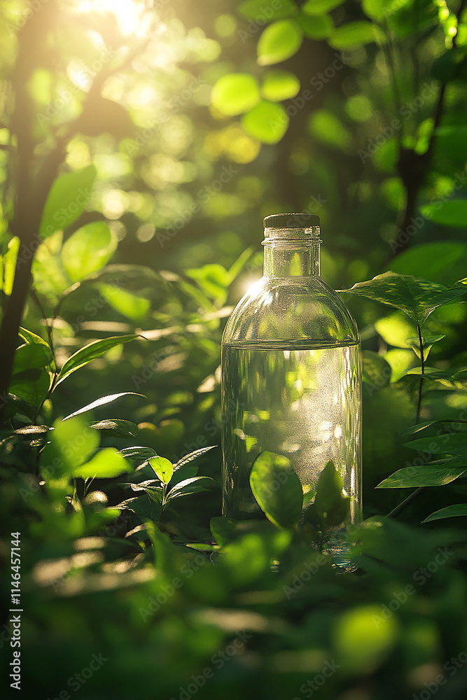 Clear glass water bottle with nature background generated.AI Clear glass water bottle with nature background generated.AI