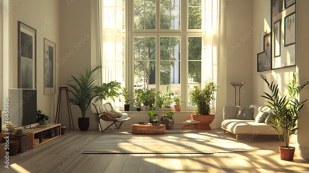 Fototapeta premium a fresh and inviting home space with bright living room and large windows