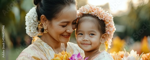 Celebrate Songkran Thailand Festival concept. Loving mother and child in traditional attire with flowers. photo