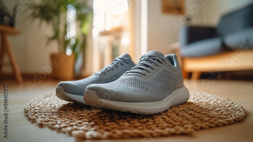 Light grey running shoes on a woven mat in a living room.
