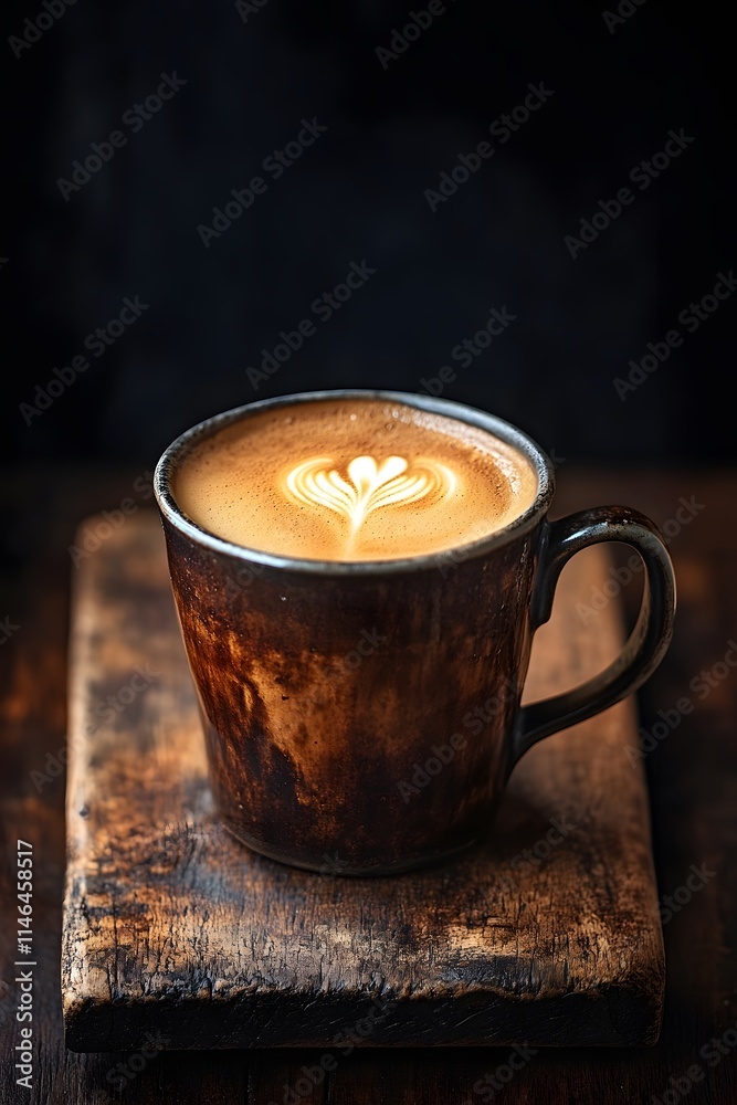 Close-up of a latte with latte art in a rustic mug on a wooden board. Close-up of a latte with latte art in a rustic mug on a wooden board.