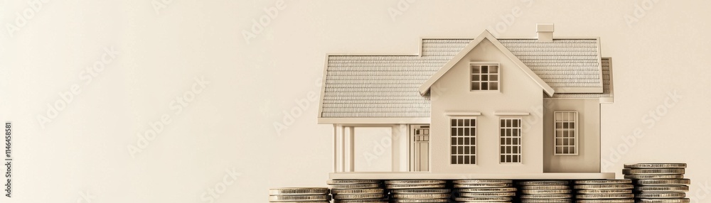A model house atop coins symbolizing real estate investment. A model house atop coins symbolizing real estate investment.