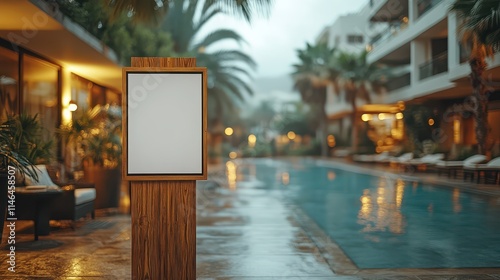 Mockup display sign by the pool in a tropical hotel setting during twilight hours