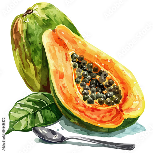 A watercolor painting of a ripe papaya with a spoon beside it, isolated on a white background. Ripe papaya spoon vector.

