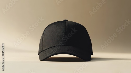 Photorealistic black baseball cap displayed in frontal view on a light background