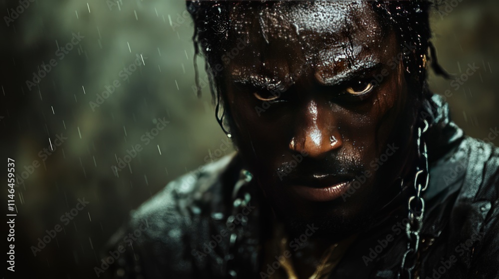 Intense close-up of a determined, rain-soaked man with chains. Intense close-up of a determined, rain-soaked man with chains.