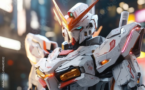 Close-up of a detailed Gundam model, showcasing intricate design and vibrant colors.
