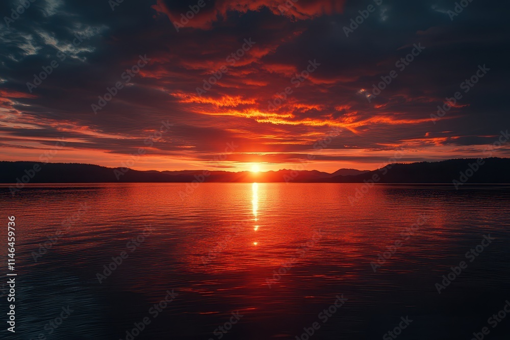 Fototapeta premium Sunset over calm lake reflecting vibrant colors in the evening sky