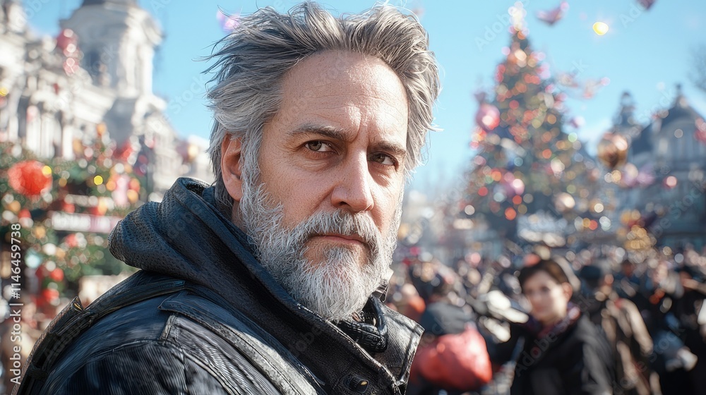 Serious mature man in leather jacket amidst a bustling Christmas market. Serious mature man in leather jacket amidst a bustling Christmas market.