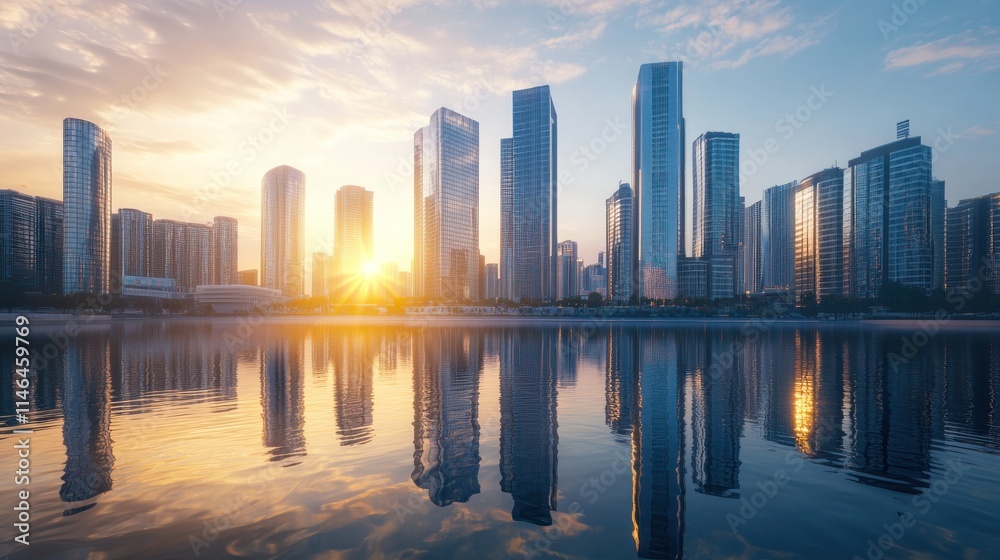 Obraz premium City skyline at sunset reflecting on water, showcasing modern architecture and urban beauty.