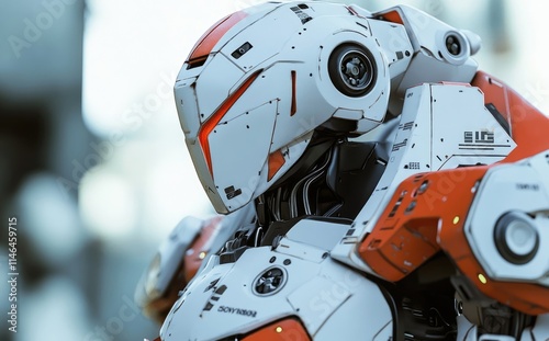 Close-up of a detailed Gundam model, showcasing intricate design and vibrant colors.